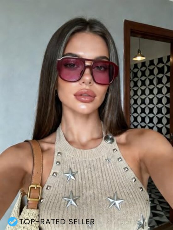 Retro Oversized Aviator Sunglasses Square Double Bridge Trendy UV400 Protection main image 6